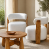 ‎Un fauteuil moderne en forme de « boucle » avec un corps en bois massif. 2 chaises avec une table basse ronde unique‎