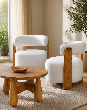 ‎Un fauteuil moderne en forme de « boucle » avec un corps en bois massif. 2 chaises avec une table basse ronde unique‎