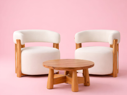 ‎Un fauteuil moderne en forme de « boucle » avec un corps en bois massif. 2 chaises avec une table basse ronde unique‎