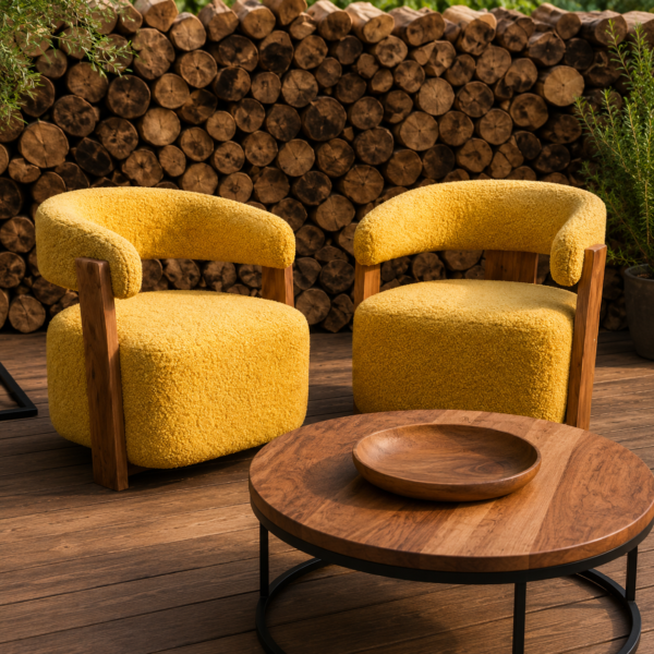 ‎Un fauteuil moderne en forme de « boucle » avec un corps en bois massif.‎