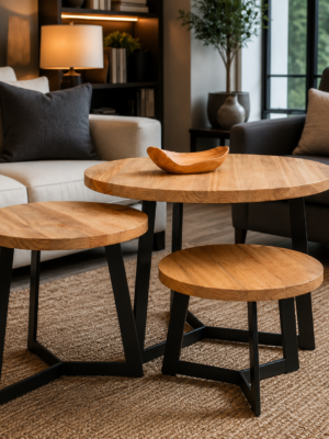 ‎Ensemble de table imbriquée (3 pièces) en bois naturel et fer.‎