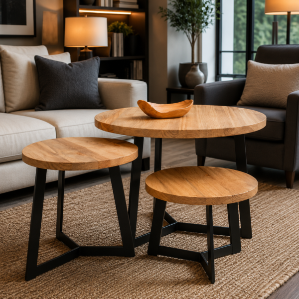 ‎Ensemble de table imbriquée (3 pièces) en bois naturel et fer.‎