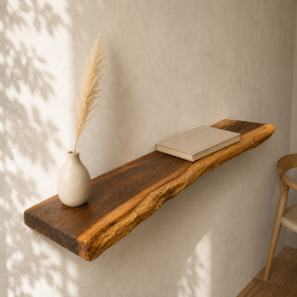 ‎Étagère murale moderne en bois avec bord naturel de vie - fabriquée à la main entre 80 et 90 cm de long‎