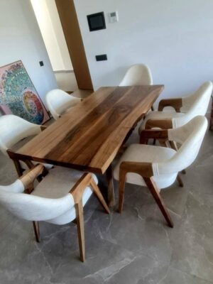 ‎Table à manger de luxe en bois de noyer naturel avec 6 chaises modernes‎
