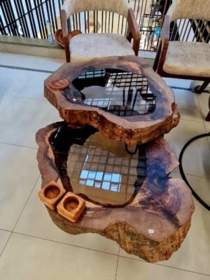 ‎Tables Gigogne luxueuses en rondins et verre en noyer naturel‎