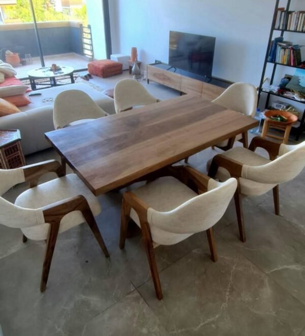 ‎Table de salle à manger de luxe en bois de noyer naturel et verre‎