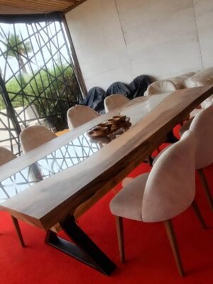 ‎Table de salle à manger de luxe en bois de noyer naturel et verre‎