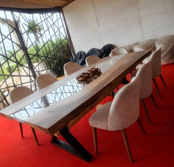 ‎Table de salle à manger de luxe en bois de noyer naturel et verre‎